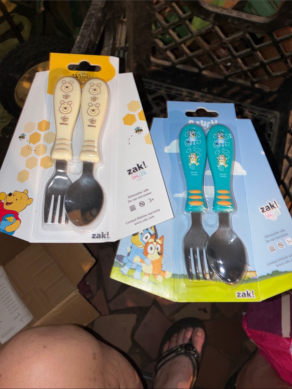 2 sets of Kids Spoon & Fork Set - Cream Winnie the Pooh and Teal Bluey